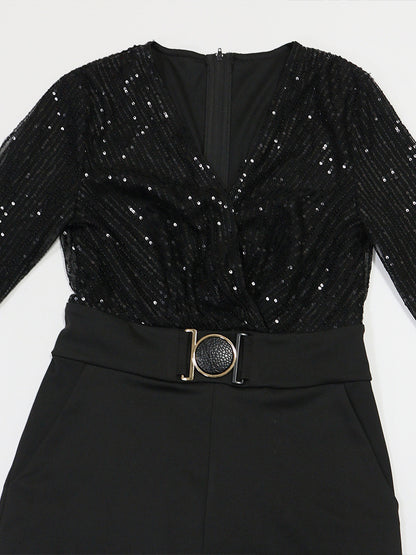 Sequined Stripe V-Neck Belted Wide Leg Party Jumpsuit For Women 2026