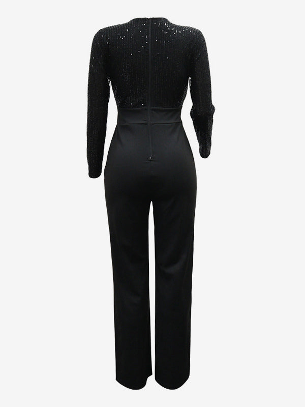 Sequined Stripe V-Neck Belted Wide Leg Party Jumpsuit For Women 2026