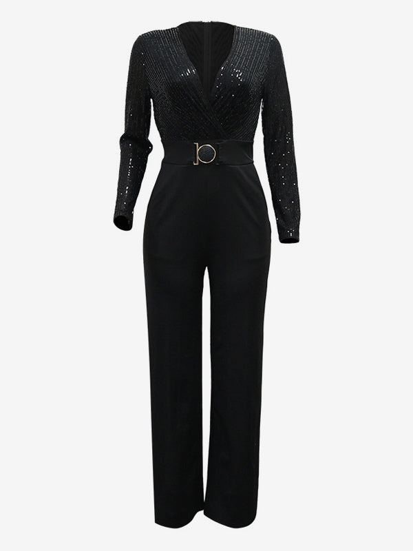 Sequined Stripe V-Neck Belted Wide Leg Party Jumpsuit For Women 2026