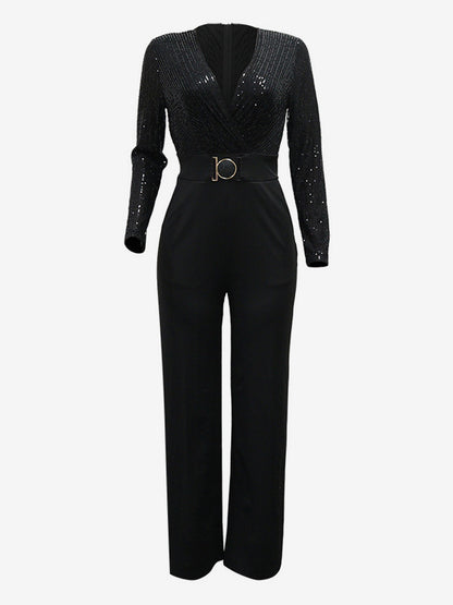 Sequined Stripe V-Neck Belted Wide Leg Party Jumpsuit For Women 2026