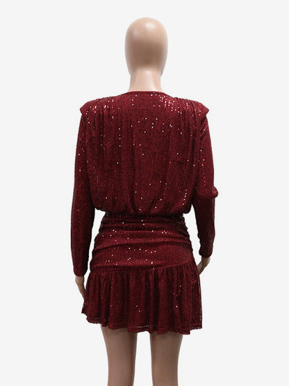 Long Sleeve Sequin Stripe Ruched Mini Party Dress For Women 2026