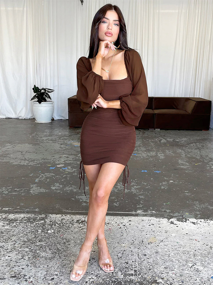 Sheer Lantern Sleeve Square Neck Ruched Bodycon Mini Dress For Women 2026