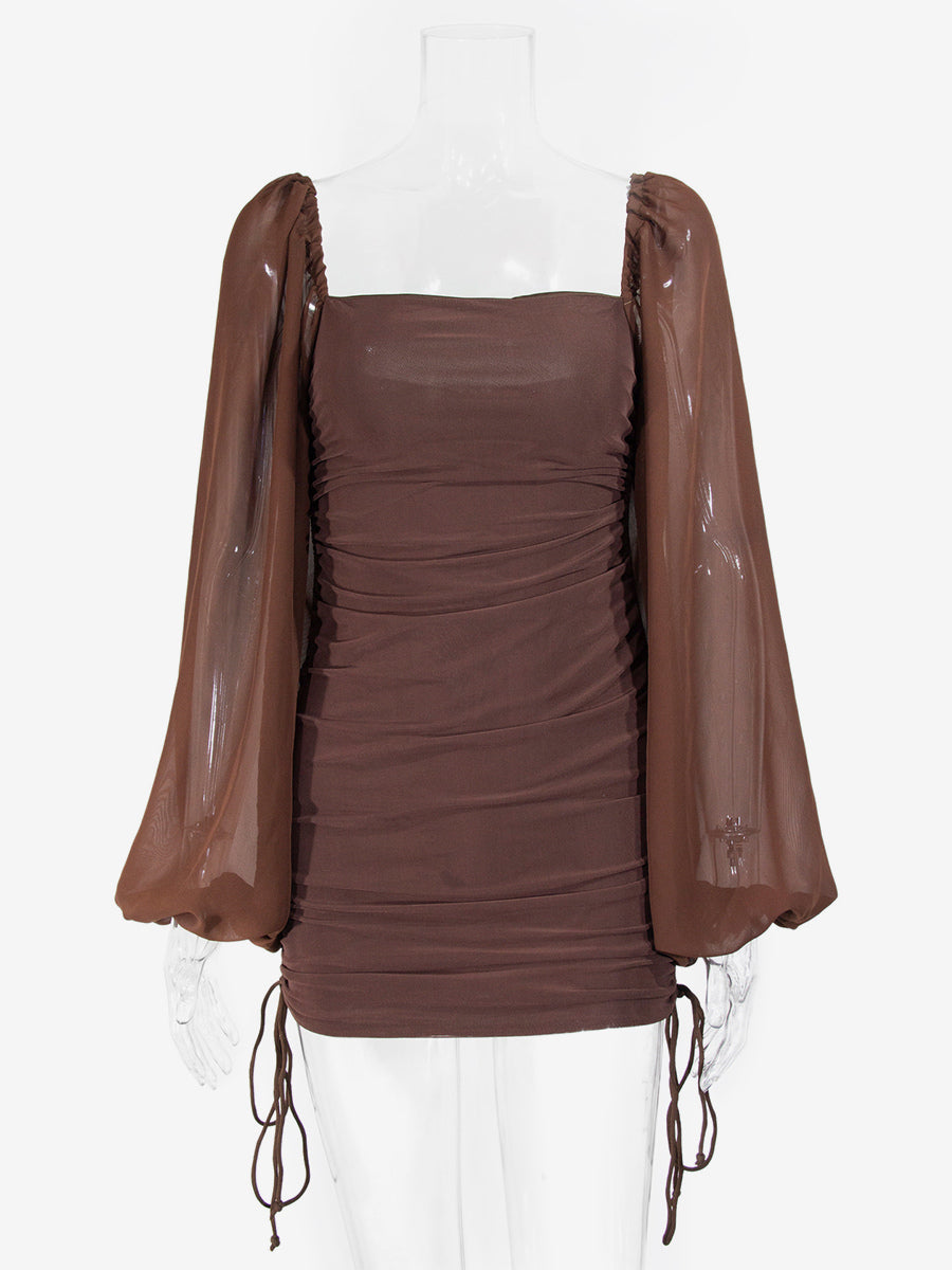 Sheer Lantern Sleeve Square Neck Ruched Bodycon Mini Dress For Women 2026