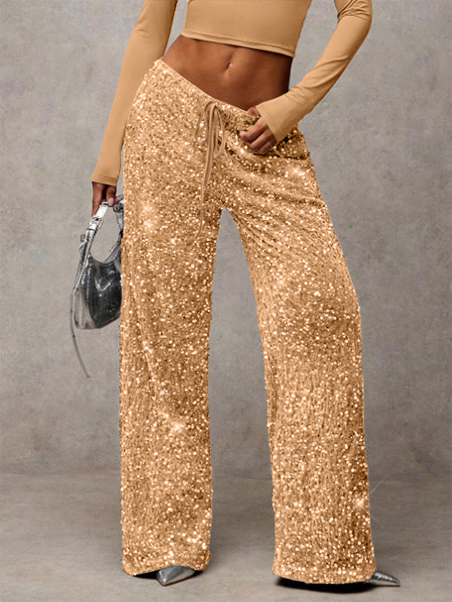 Sequin Drawstring Wide Leg Party Trousers For Women 2026