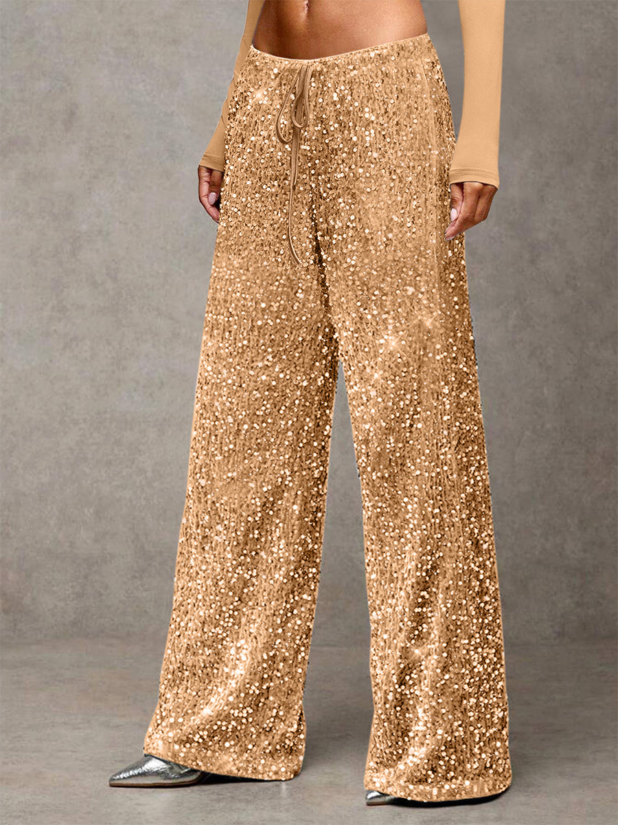 Sequin Drawstring Wide Leg Party Trousers For Women 2026
