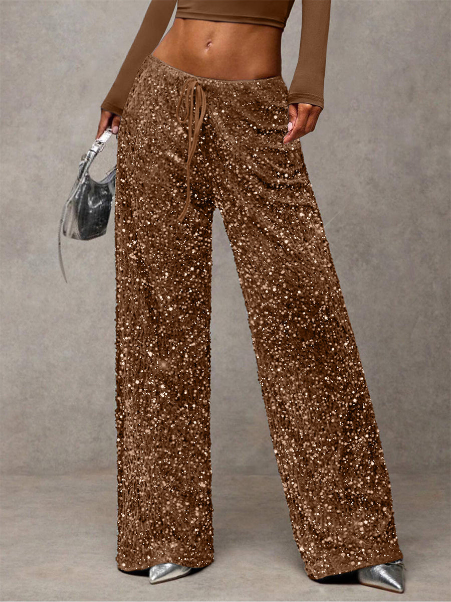 Sequin Drawstring Wide Leg Party Trousers For Women 2026