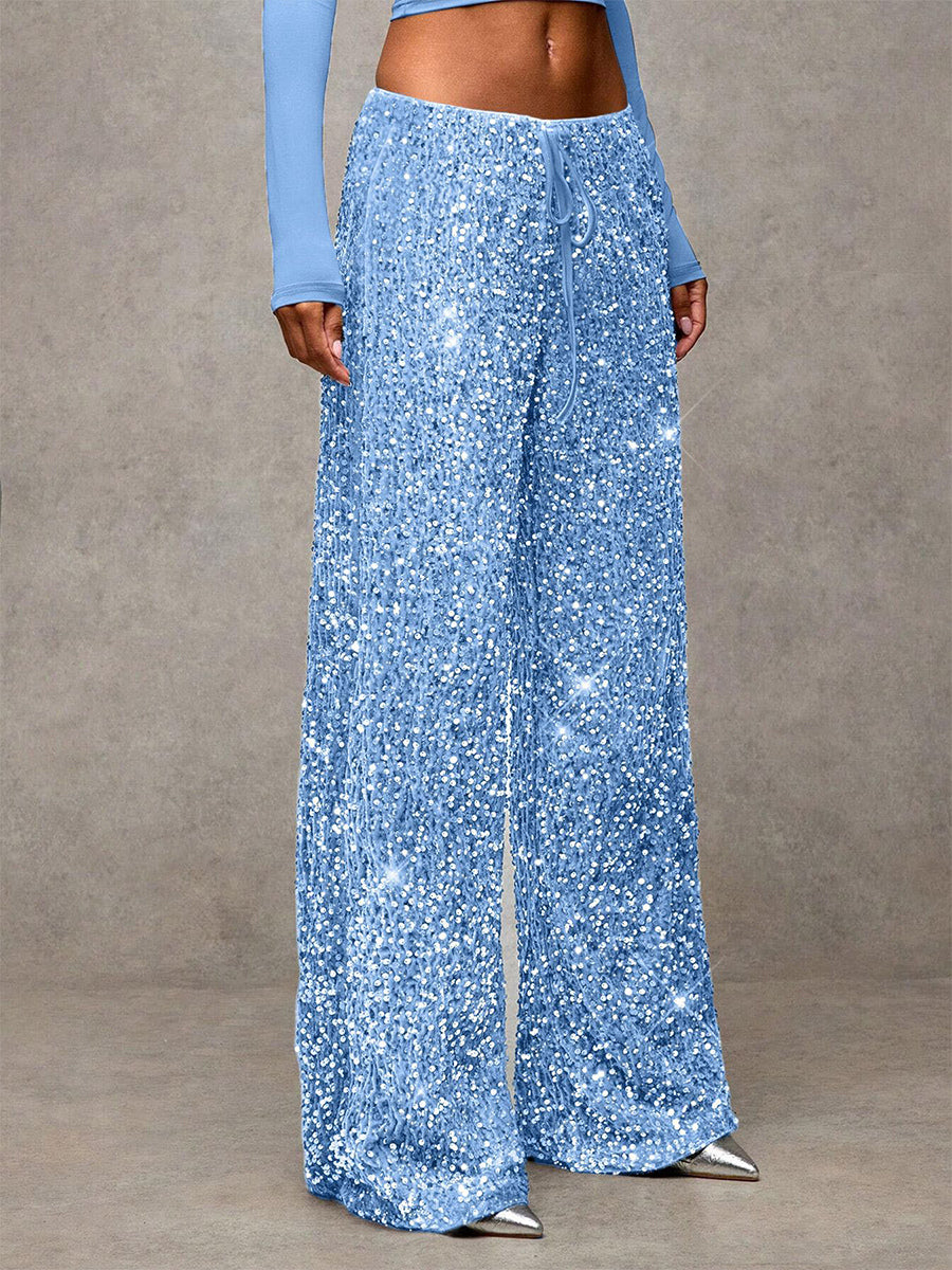 Sequin Drawstring Wide Leg Party Trousers For Women 2026