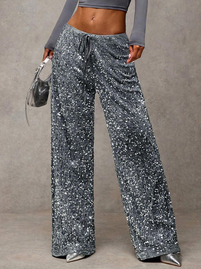 Sequin Drawstring Wide Leg Party Trousers For Women 2026