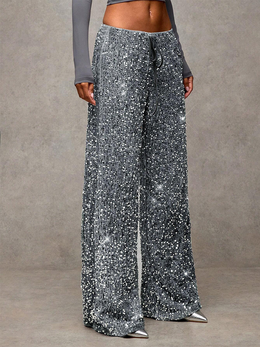 Sequin Drawstring Wide Leg Party Trousers For Women 2026