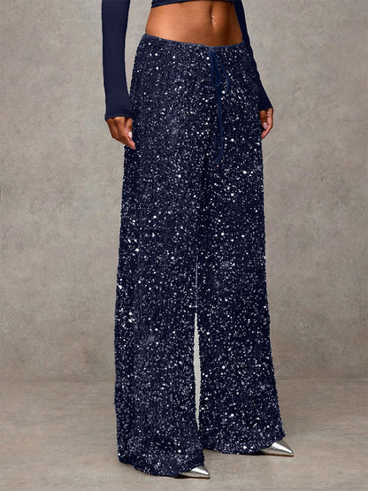 Sequin Drawstring Wide Leg Party Trousers For Women 2026