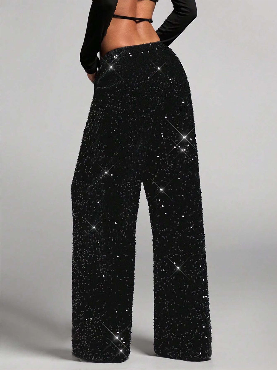 Sequin Drawstring Wide Leg Party Trousers For Women 2026