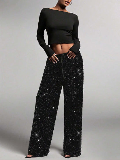 Sequin Drawstring Wide Leg Party Trousers For Women 2026