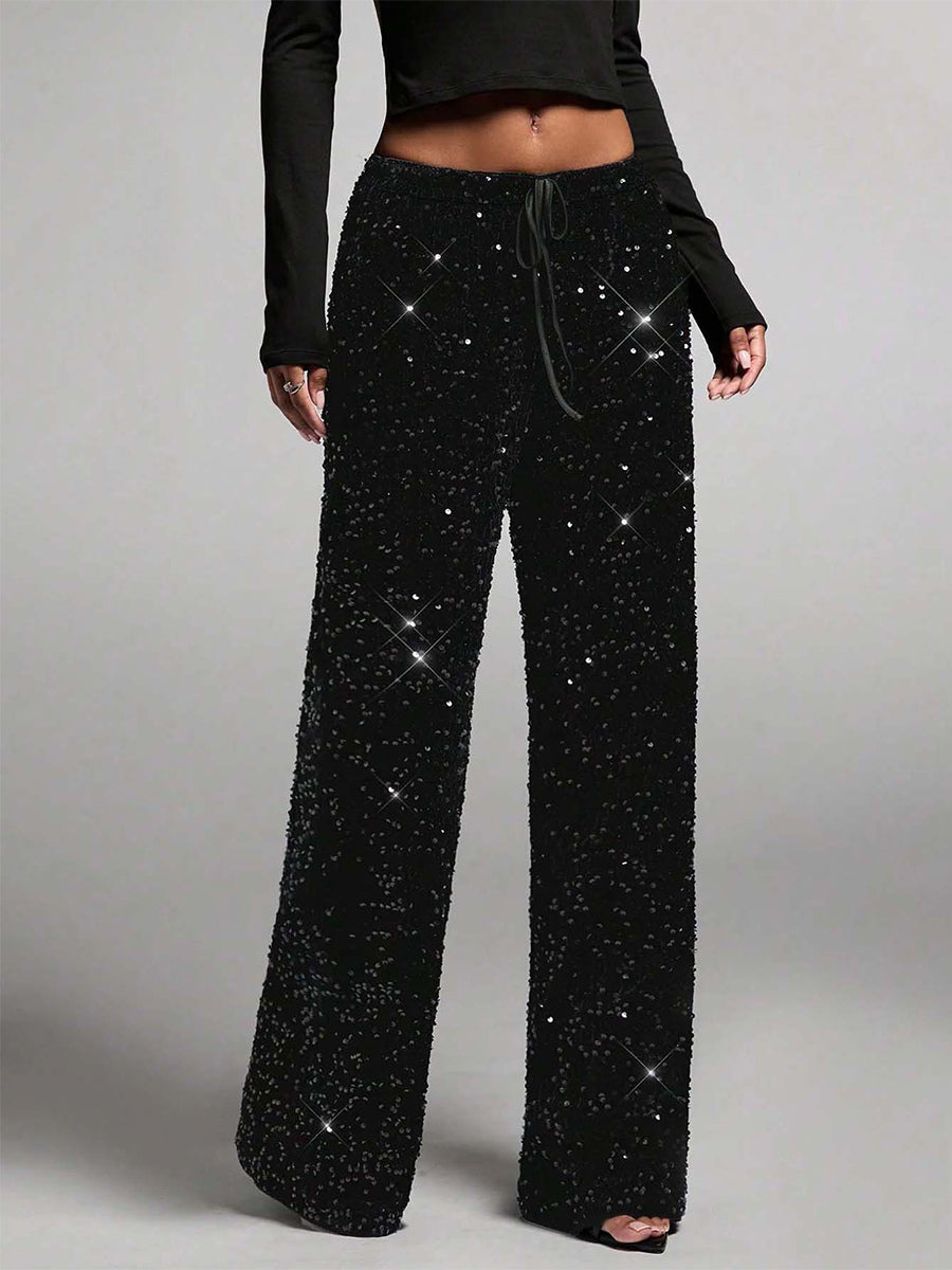 Sequin Drawstring Wide Leg Party Trousers For Women 2026