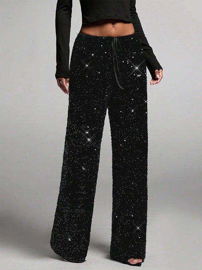 Sequin Drawstring Wide Leg Party Trousers For Women 2026
