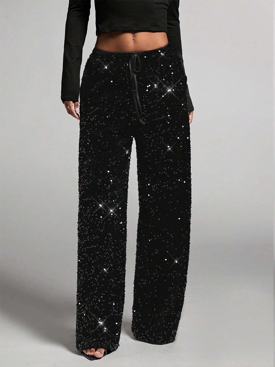 Sequin Drawstring Wide Leg Party Trousers For Women 2026