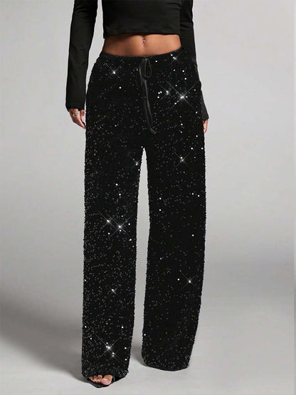 Sequin Drawstring Wide Leg Party Trousers For Women 2026