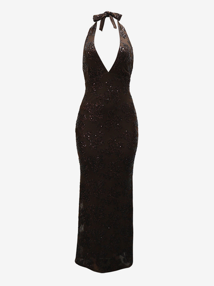 Deep V Neck Sequin Floral Halter Backless Bodycon Maxi Dress For Women 2026