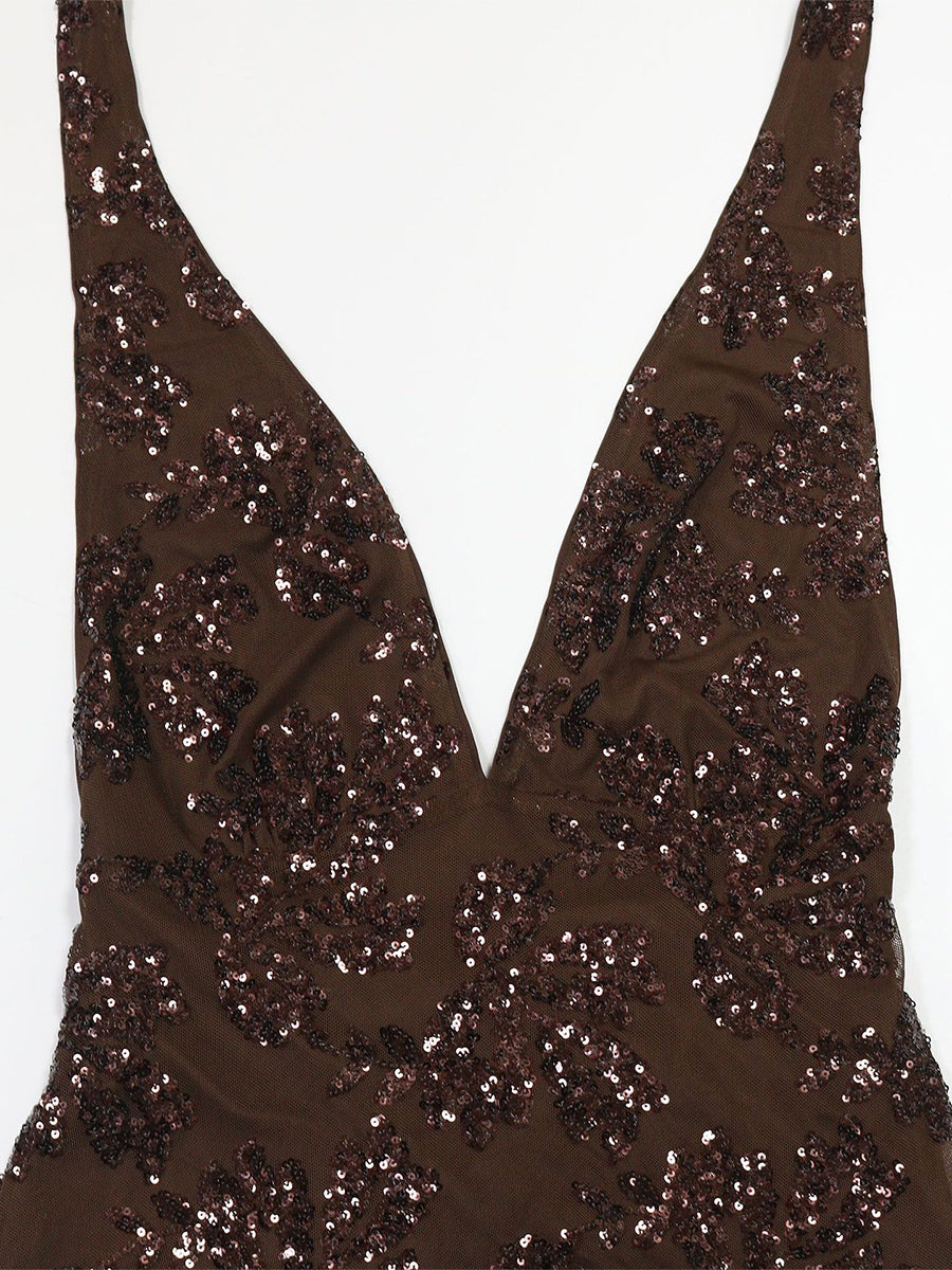 Deep V Neck Sequin Floral Halter Backless Bodycon Maxi Dress For Women 2026