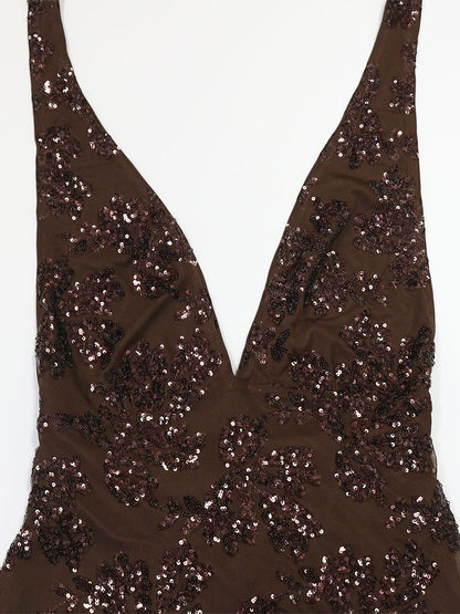 Deep V Neck Sequin Floral Halter Backless Bodycon Maxi Dress For Women 2026
