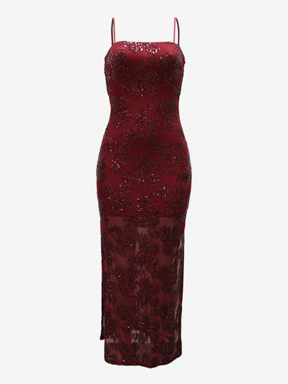 Sequin Floral Embroidery Sheer Hem Bodycon Maxi Dress For Women 2026
