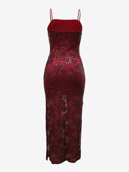 Sequin Floral Embroidery Sheer Hem Bodycon Maxi Dress For Women 2026