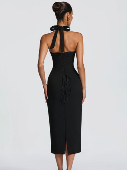 Halter Neck Lace Up Back Bodycon Midi Dress For Women 2026