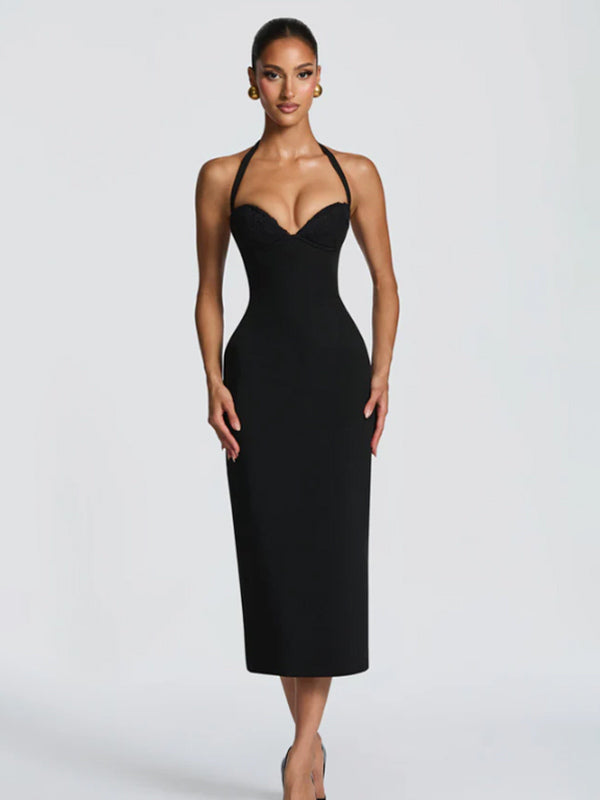 Halter Neck Lace Up Back Bodycon Midi Dress For Women 2026