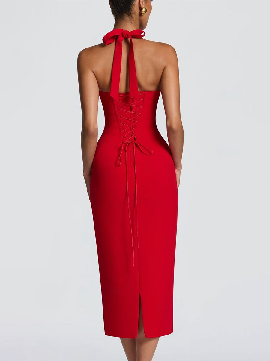 Halter Neck Lace Up Back Bodycon Midi Dress For Women 2026