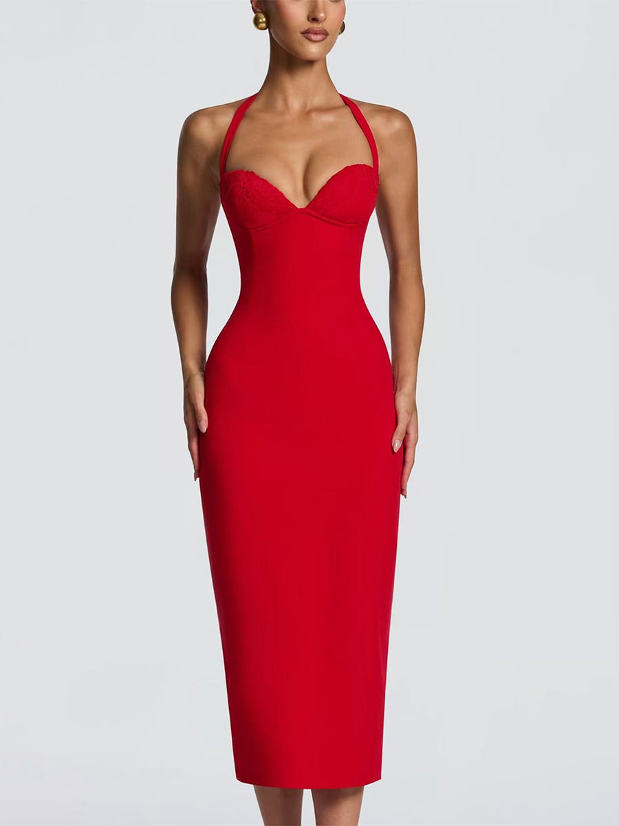 Halter Neck Lace Up Back Bodycon Midi Dress For Women 2026