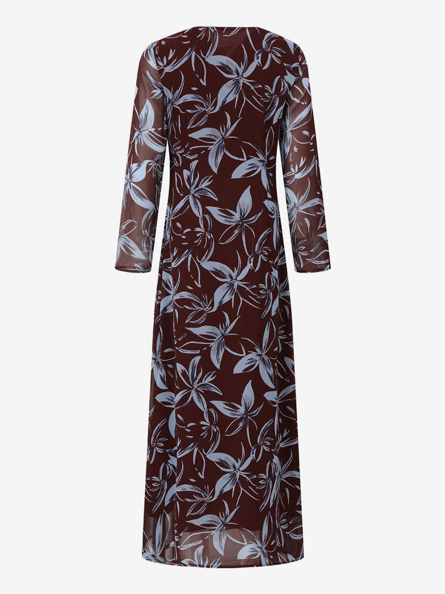 Floral Print Long Sleeve Slim Fit Maxi Bodycon Retro Dress For Women 2026