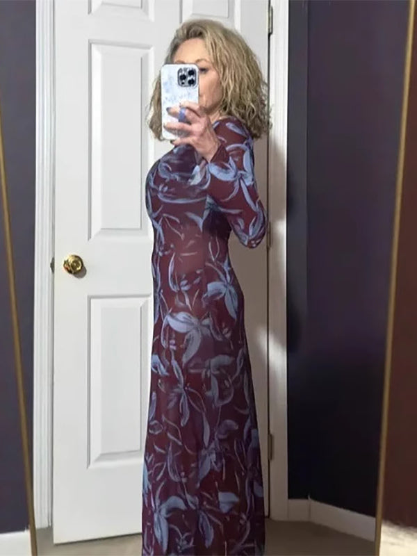 Floral Print Long Sleeve Slim Fit Maxi Bodycon Retro Dress For Women 2026