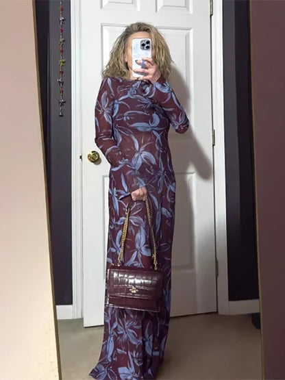 Floral Print Long Sleeve Slim Fit Maxi Bodycon Retro Dress For Women 2026