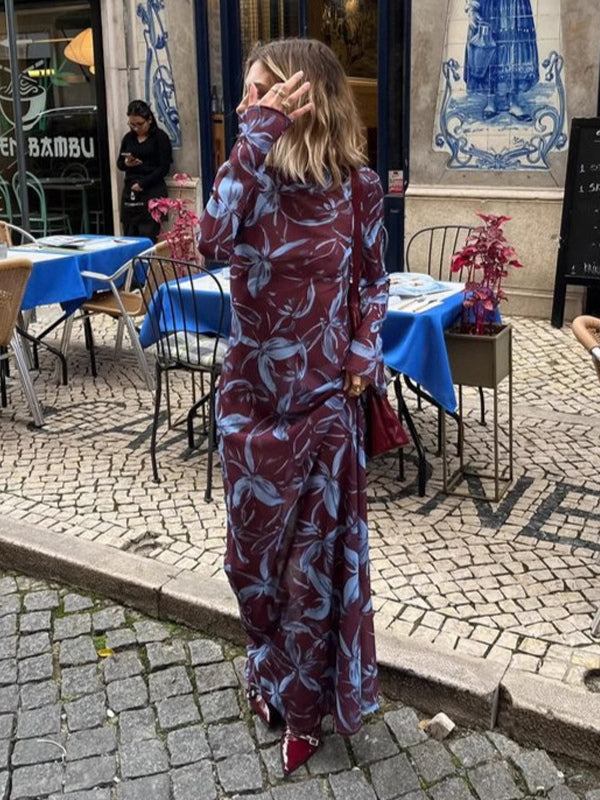 Floral Print Long Sleeve Slim Fit Maxi Bodycon Retro Dress For Women 2026