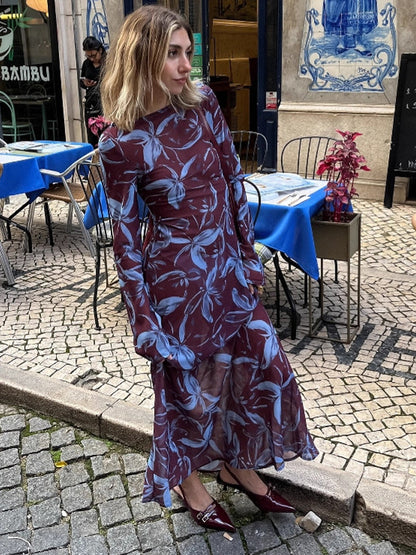 Floral Print Long Sleeve Slim Fit Maxi Bodycon Retro Dress For Women 2026