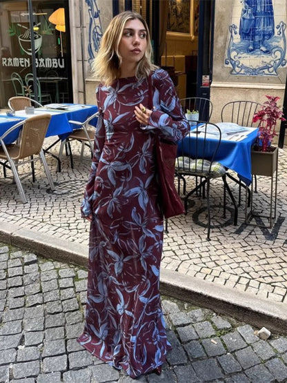 Floral Print Long Sleeve Slim Fit Maxi Bodycon Retro Dress For Women 2026
