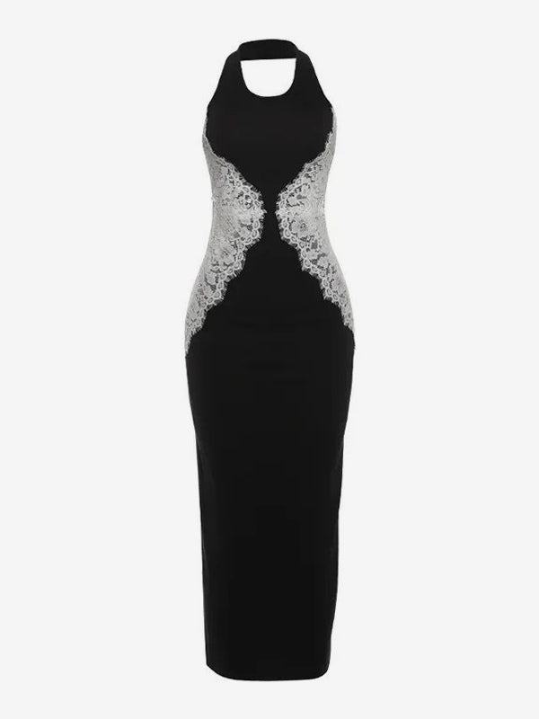 Halter Neck Lace Patchwork Contrast Color Sleeveless Maxi Dress For Women 2026