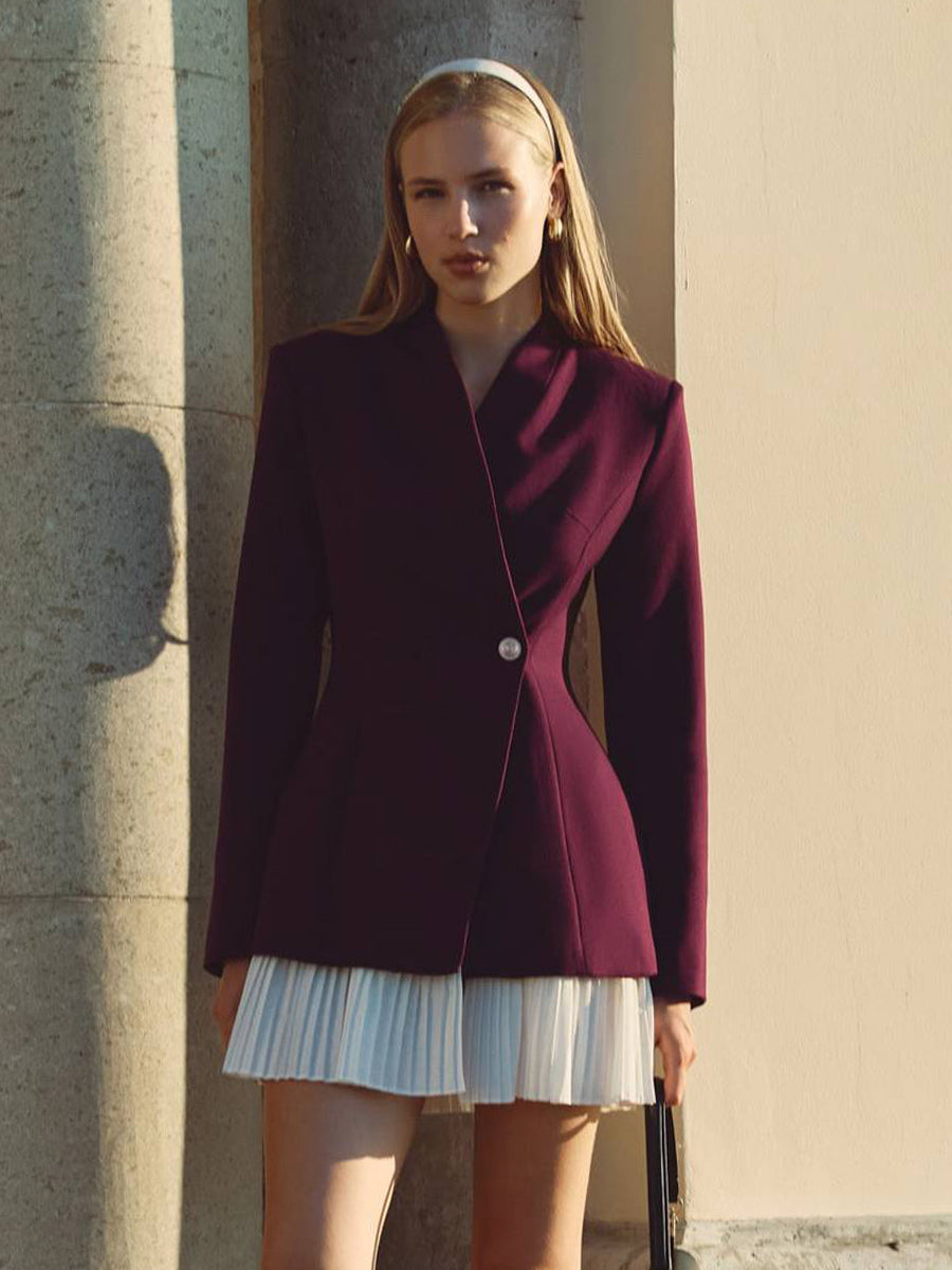 Pleated Patchwork Long Sleeve Mini Blazer Dress For Women 2026