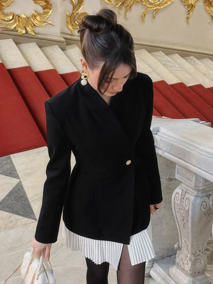 Pleated Patchwork Long Sleeve Mini Blazer Dress For Women 2026