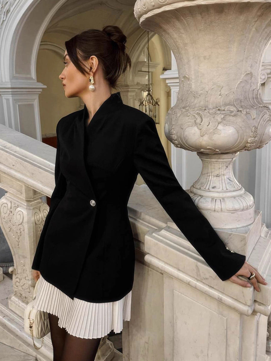 Pleated Patchwork Long Sleeve Mini Blazer Dress For Women 2026