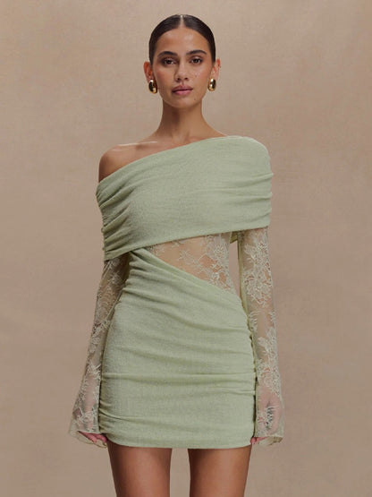 Off Shoulder Lace Long Sleeve Ruched Mini Bodycon Dress For Women 2026