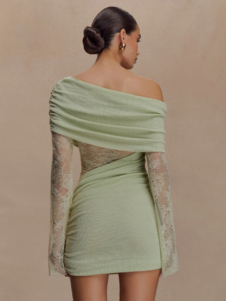 Off Shoulder Lace Long Sleeve Ruched Mini Bodycon Dress For Women 2026