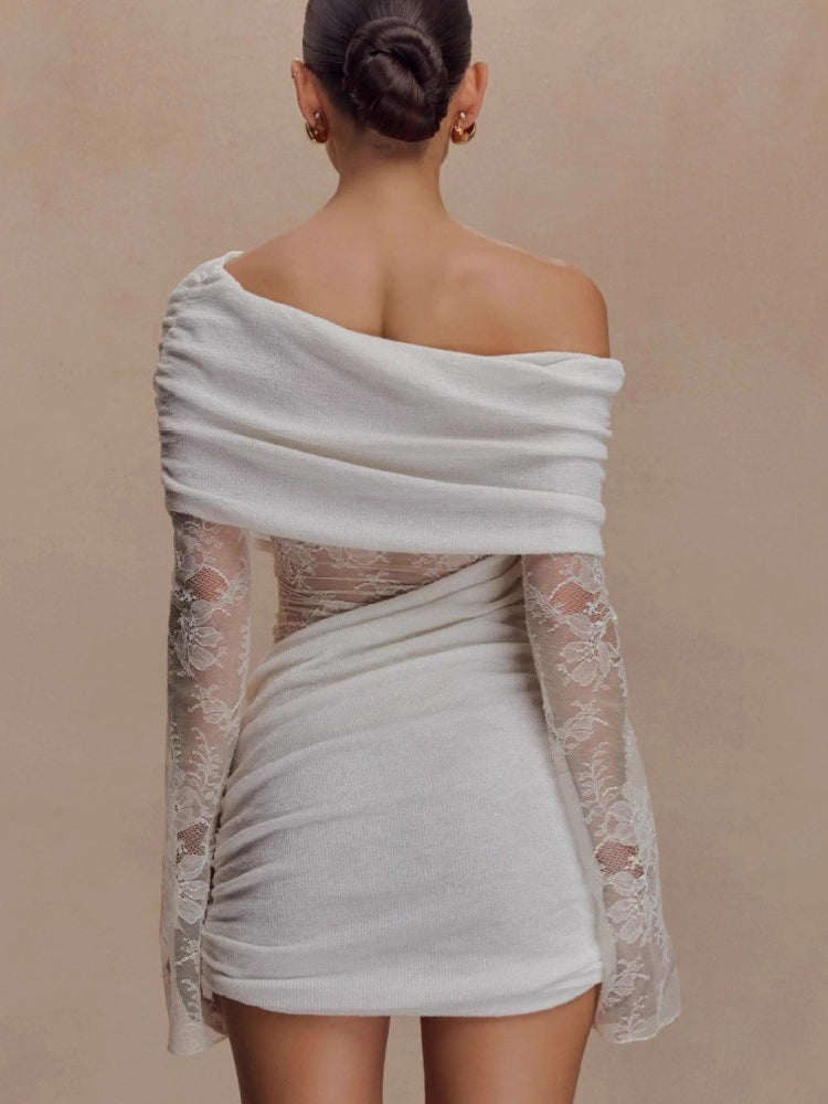 Off Shoulder Lace Long Sleeve Ruched Mini Bodycon Dress For Women 2026