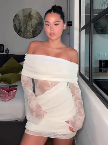 Off Shoulder Lace Long Sleeve Ruched Mini Bodycon Dress For Women 2026
