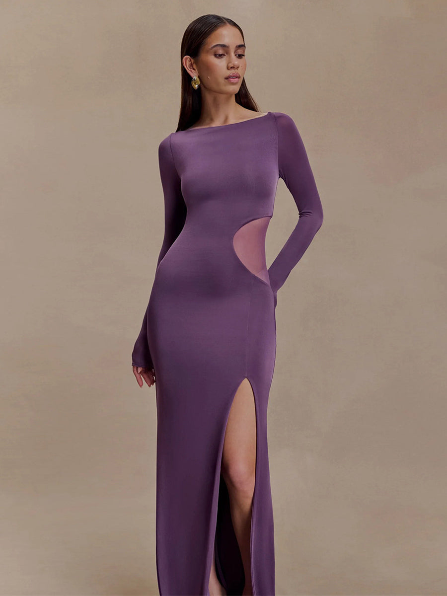 Side Mesh Cutout High Slit Long Sleeve Maxi Bodycon Evening Dress For Women 2026