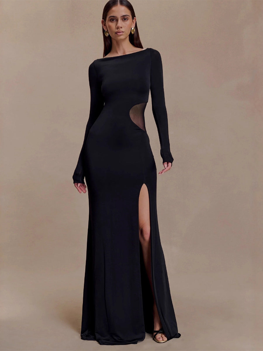 Side Mesh Cutout High Slit Long Sleeve Maxi Bodycon Evening Dress For Women 2026