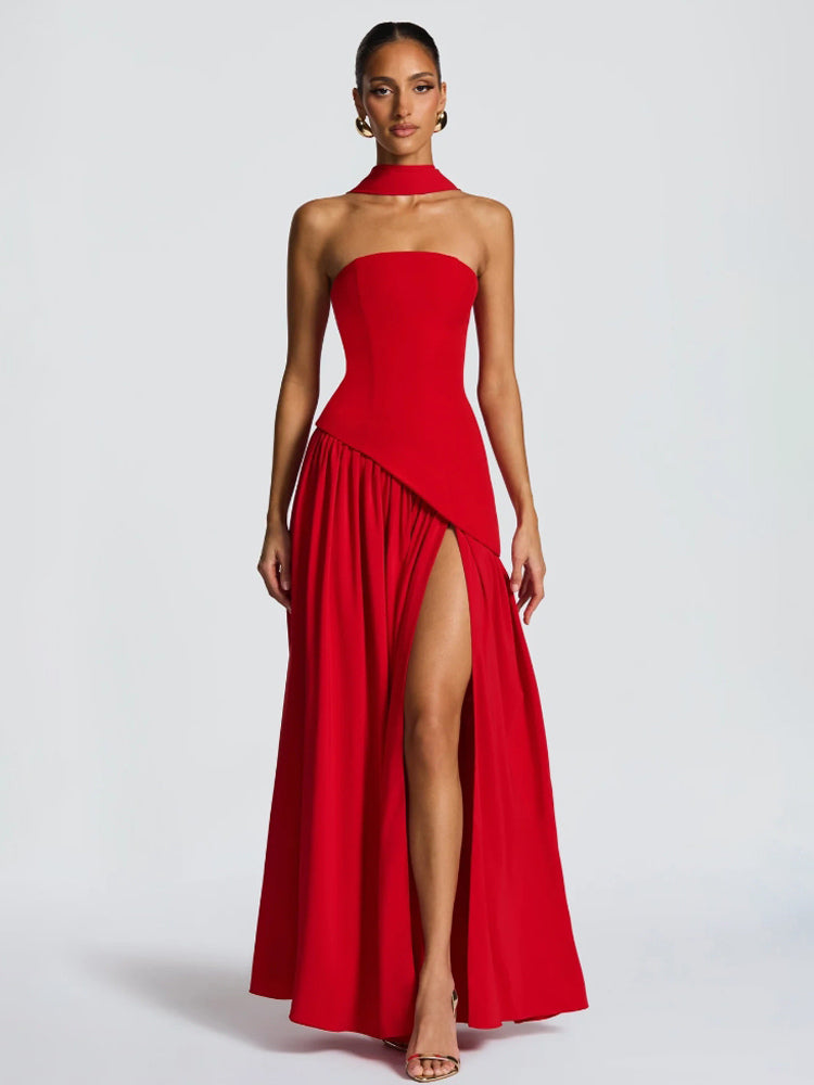Asymmetric Design Strapless Maxi Party Dress With Scarf For Women 2026