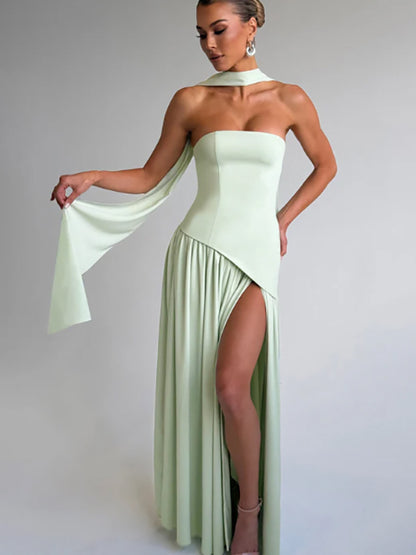 Asymmetric Design Strapless Maxi Party Dress With Scarf For Women 2026