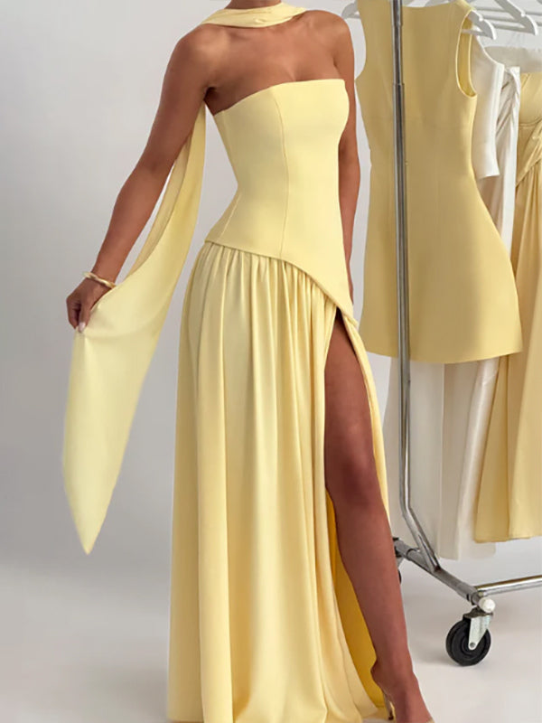 Asymmetric Design Strapless Maxi Party Dress With Scarf For Women 2026