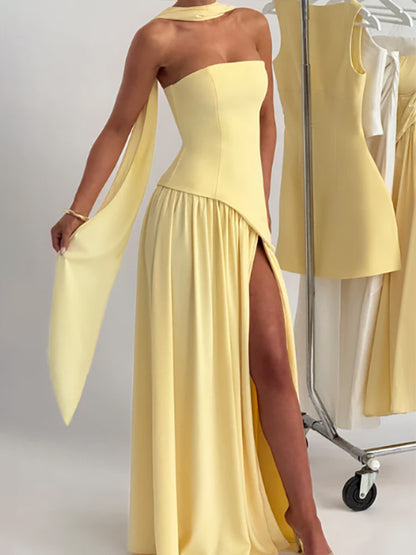 Asymmetric Design Strapless Maxi Party Dress With Scarf For Women 2026