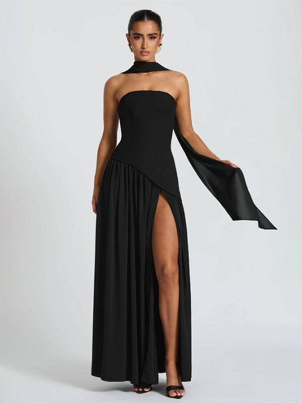 Asymmetric Design Strapless Maxi Party Dress With Scarf For Women 2026